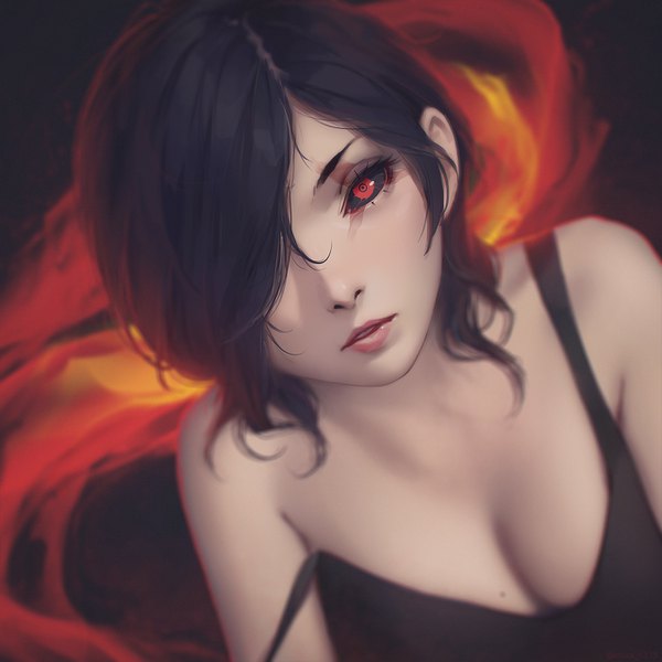Anime picture 1280x1280 with tokyo ghoul studio pierrot kirishima touka miura-n315 single looking at viewer fringe short hair breasts light erotic black hair simple background red eyes bare shoulders cleavage upper body parted lips lips blurry hair over one eye