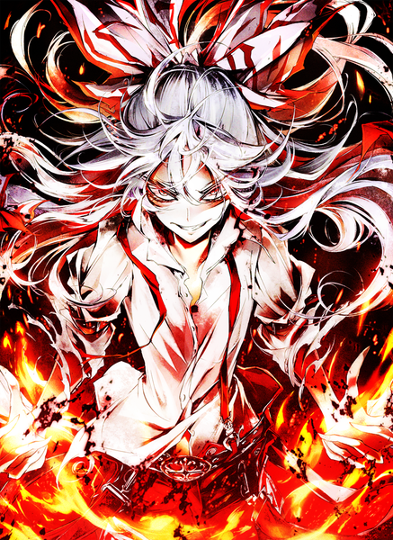 Anime picture 800x1098 with touhou fujiwara no mokou pkk single long hair tall image looking at viewer red eyes white hair pale skin crazy smile girl bow hair bow shirt pants suspenders flame