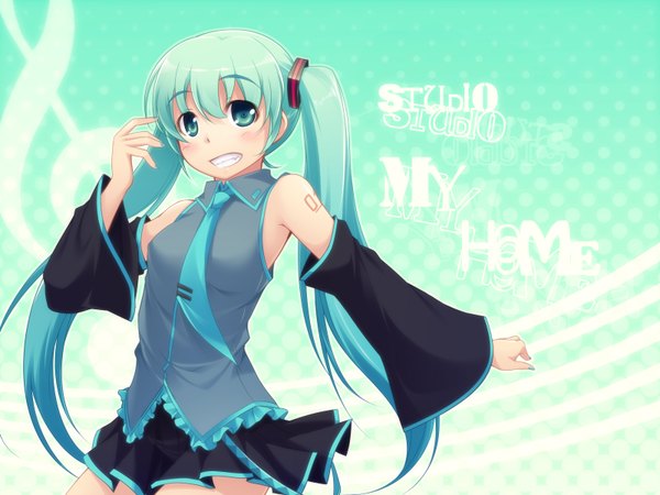 Anime picture 1600x1200 with vocaloid hatsune miku kazakura blush pleated skirt wallpaper clenched teeth girl skirt detached sleeves necktie
