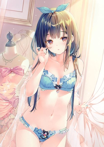 Anime picture 2087x2946 with original miwabe sakura single long hair tall image looking at viewer blush fringe highres breasts open mouth light erotic black hair red eyes standing payot cleavage indoors blunt bangs nail polish