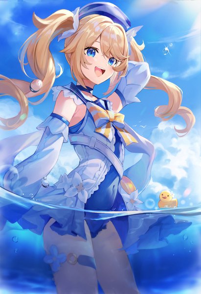 Anime picture 1110x1622 with genshin impact barbara (genshin impact) barbara (summertime sparkle) (genshin impact) doco (doco3811) single long hair tall image blush fringe open mouth blue eyes blonde hair smile hair between eyes standing twintails looking away sky cloud (clouds) arm up