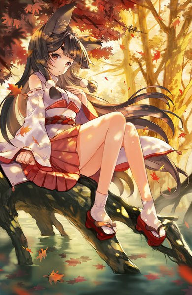 Anime-Bild 1200x1844 mit original sibyl single long hair tall image looking at viewer blush fringe breasts black hair sitting brown eyes payot full body bent knee (knees) traditional clothes japanese clothes wind evening eyebrows