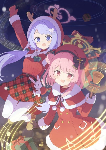 Anime picture 1417x2000 with blue archive serina (blue archive) hanae (blue archive) serina (christmas) (blue archive) hanae (christmas) (blue archive) tyakomis long hair tall image short hair open mouth purple eyes twintails multiple girls pink hair purple hair :d pink eyes hair bun (hair buns) low twintails official alternate costume