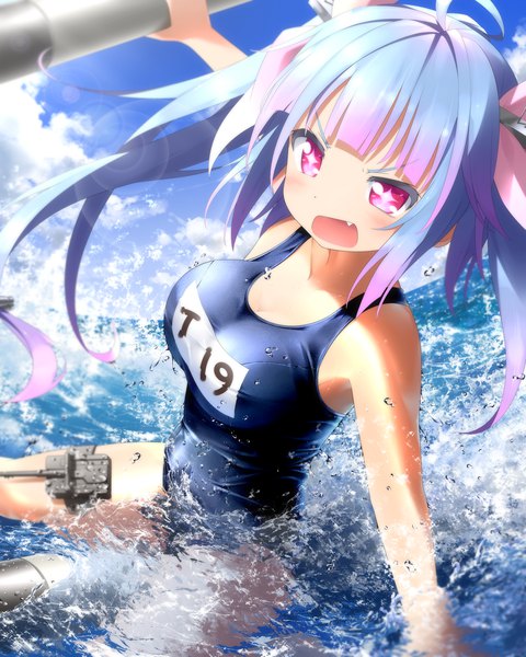 Anime-Bild 2000x2500 mit kantai collection i-19 submarine haribote (tarao) single long hair tall image looking at viewer blush highres breasts open mouth light erotic large breasts blue hair pink hair ahoge pink eyes multicolored hair two-tone hair teeth