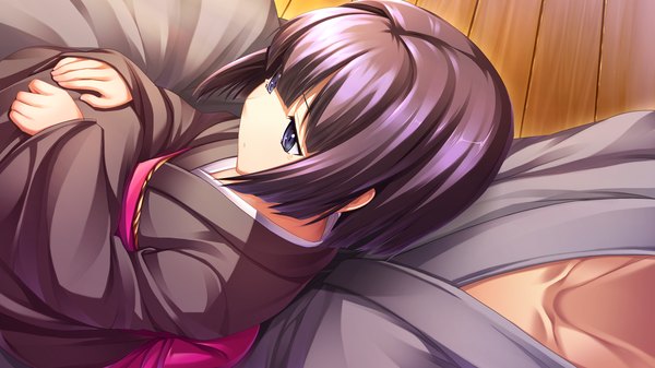 Аниме картинка 1280x720 с izuna zanshinken (game) голубые глаза широкое изображение game cg фиолетовые волосы японская одежда лоли кимоно ребёнок (дети)