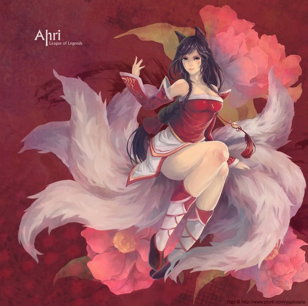 Anime picture 3036x3018 with league of legends ahri (league of legends) yupi single long hair highres breasts black hair bare shoulders yellow eyes absurdres tail braid (braids) animal tail lips fox ears single braid facial mark fox tail fox girl