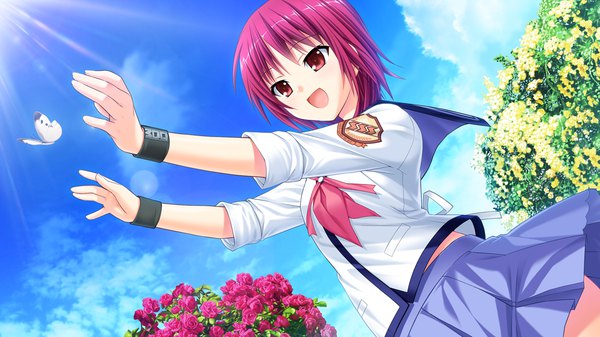 Anime picture 1280x720 with angel beats! key (studio) iwasawa masami na-ga single fringe short hair open mouth red eyes wide image standing looking away pink hair sky cloud (clouds) outdoors :d pleated skirt sunlight outstretched arm