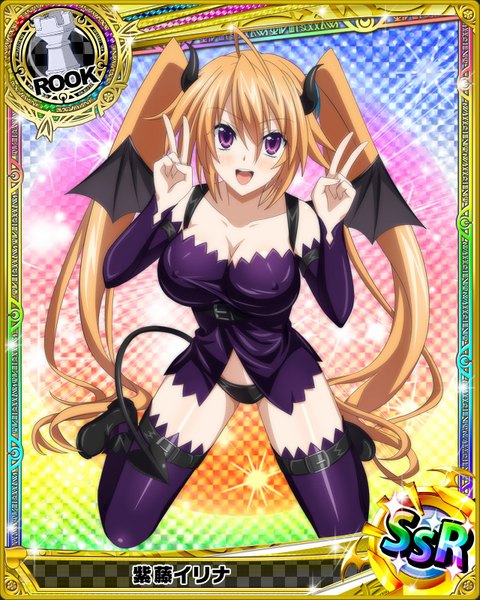 Anime picture 640x800 with highschool dxd shidou irina single tall image looking at viewer breasts open mouth light erotic brown hair twintails purple eyes tail very long hair horn (horns) victory card (medium) girl thighhighs underwear panties