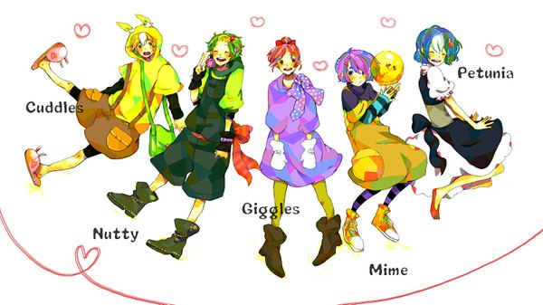 Anime picture 1598x898 with happy tree friends giggles nutty petunia cuddles mime bb danchi short hair open mouth blonde hair smile red eyes wide image purple eyes blue hair purple hair red hair eyes closed multicolored hair hair flower