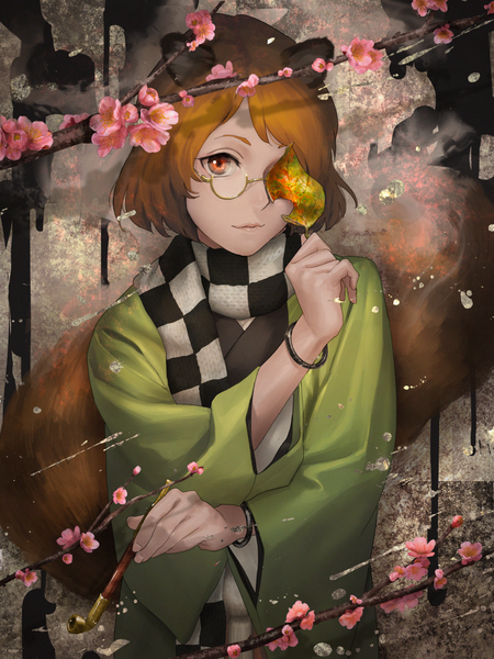 Anime picture 840x1120 with touhou futatsuiwa mamizou amino (tn7135) single tall image looking at viewer short hair brown hair holding animal ears upper body tail traditional clothes japanese clothes animal tail arm up lips wide sleeves shadow orange eyes