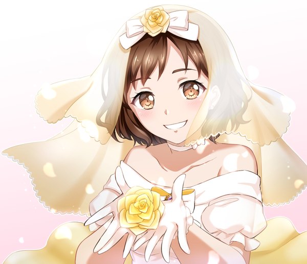 Anime picture 1160x1000 with bang dream! hazawa tsugumi mokka (31911633) single looking at viewer blush fringe short hair simple background smile brown hair bare shoulders holding brown eyes upper body wind off shoulder puffy sleeves grin gradient background
