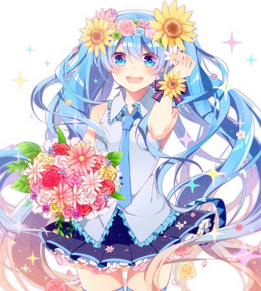 Anime-Bild 1831x2039 mit vocaloid hatsune miku asagao minoru single tall image looking at viewer blush highres open mouth blue eyes simple background white background twintails blue hair very long hair :d arm up hair flower sparkle girl