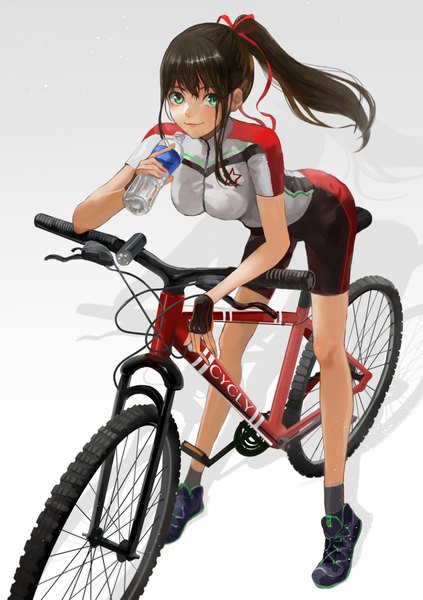 Anime picture 1579x2241 with original goma (goma228) single tall image looking at viewer blush fringe brown hair standing holding green eyes ponytail light smile wind grey background shadow short sleeves sweat leaning leaning forward