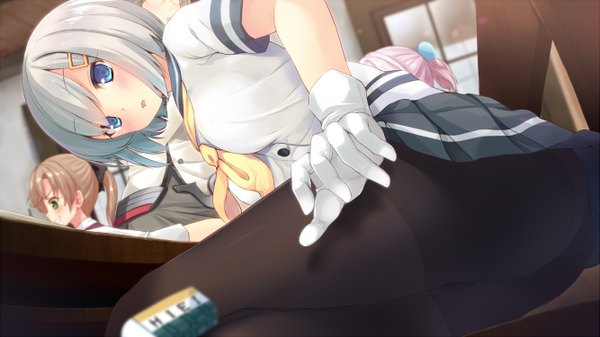 Anime picture 1333x750 with kantai collection hamakaze destroyer kumano heavy cruiser shiranui destroyer komone ushio blush short hair blue eyes light erotic wide image multiple girls silver hair ass ponytail pleated skirt girl skirt gloves hair ornament miniskirt