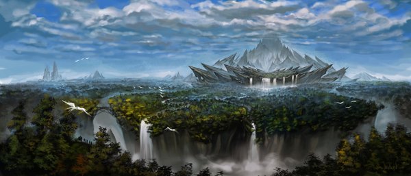 Anime picture 1280x550 with shadcarlos wide image sky cloud (clouds) mountain no people landscape river waterfall animal tree (trees) water bird (birds) forest bridge