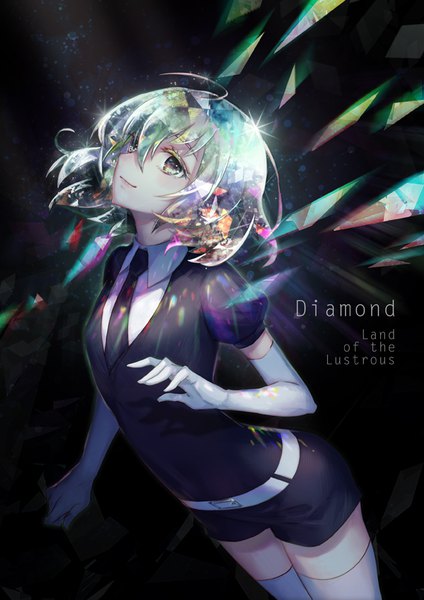 Anime picture 600x848 with houseki no kuni diamond (houseki no kuni) ouu min single tall image short hair silver hair ahoge multicolored hair puffy sleeves character names black background silver eyes shiny androgynous thighhighs gloves white thighhighs necktie elbow gloves