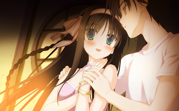 Anime picture 2048x1280 with irotoridori no sekai kisaragi mio (irotoridori no sekai) shida kazuhiro long hair blush highres short hair black hair wide image brown eyes green eyes game cg couple girl boy