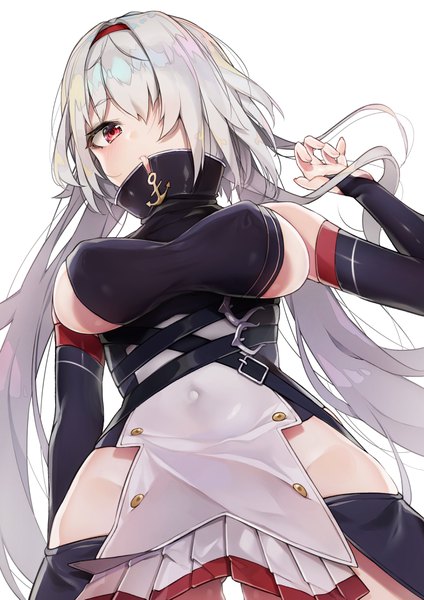 Anime picture 2894x4093 with azur lane colorado (azur lane) yayoichi (yoruyoru108) single long hair tall image looking at viewer blush fringe highres breasts light erotic simple background red eyes large breasts standing white background silver hair parted lips hair over one eye