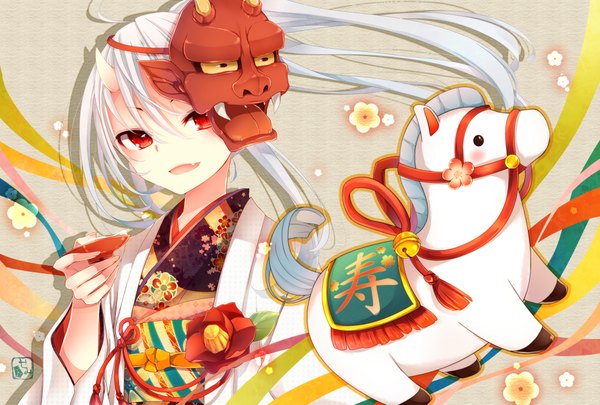 Anime picture 2014x1360 with original chiyomatsu goma (11zihisin) long hair highres open mouth red eyes white hair traditional clothes japanese clothes horn (horns) teeth fang (fangs) mask on head girl flower (flowers) kimono mask