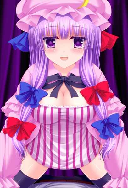 Anime picture 973x1435 with touhou patchouli knowledge shimotsuki keisuke single long hair tall image looking at viewer blush open mouth light erotic purple eyes purple hair girl thighhighs dress bow black thighhighs hair bow bonnet