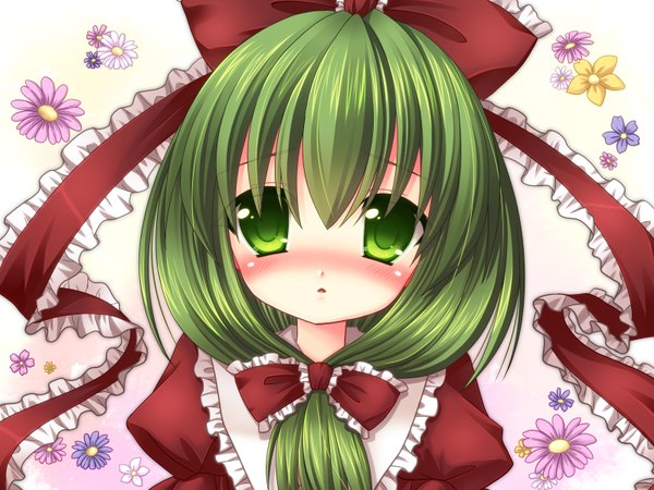 Anime picture 1600x1200 with touhou kagiyama hina asazuki kanai long hair blush green eyes green hair loli girl flower (flowers) bow hair bow