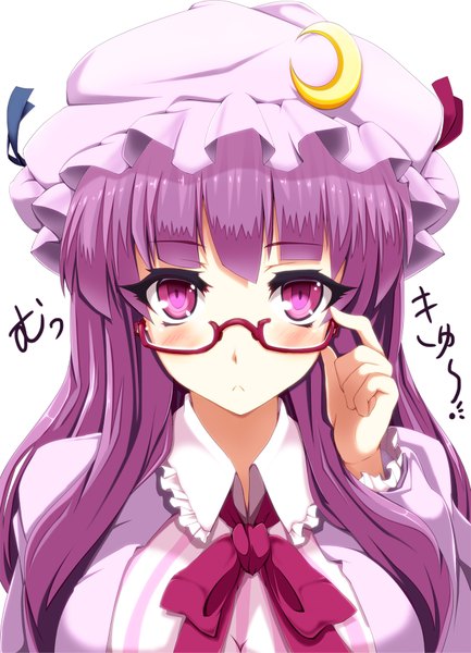 Anime picture 1240x1716 with touhou patchouli knowledge nekur single long hair tall image looking at viewer blush purple eyes purple hair girl glasses bonnet