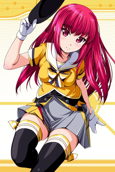 Аниме картинка 800x1200 с beatmania beatmania iidx matsunaga kouyou один (одна) длинные волосы высокое изображение смотрит на зрителя румянец улыбка красные глаза красные волосы девушка чулки платье перчатки чулки (белые) перчатки (белые)