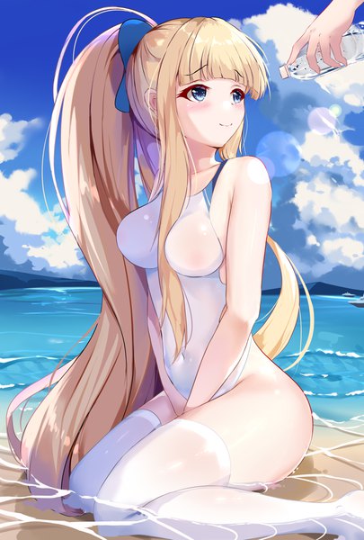Anime picture 2500x3700 with azur lane icarus (azur lane) icarus (nereid's discovery) (azur lane) dongyue sakura tall image blush fringe highres breasts blue eyes light erotic blonde hair smile large breasts sitting payot looking away sky cloud (clouds) outdoors