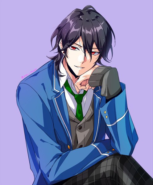 Anime picture 662x800 with ensemble stars! sakuma rei (ensemble stars!) ryuaa single long hair tall image looking at viewer fringe black hair simple background hair between eyes red eyes sitting signed twitter username purple background chin rest boy uniform school uniform