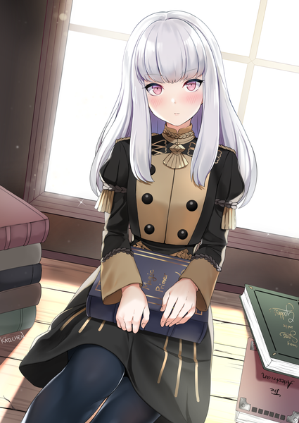 Anime picture 1216x1718 with fire emblem fire emblem: three houses nintendo lysithea von ordelia kaetzchen single long hair tall image looking at viewer blush fringe sitting signed payot silver hair indoors blunt bangs long sleeves pink eyes puffy sleeves