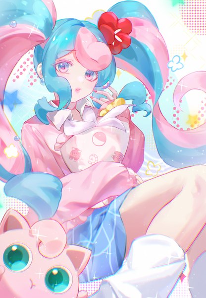 Anime picture 2480x3580 with pokemon vocaloid nintendo project voltage hatsune miku jigglypuff fairy miku (project voltage) golem (he ji gao) single long hair tall image looking at viewer highres twintails blue hair pink hair long sleeves nail polish multicolored hair hair flower