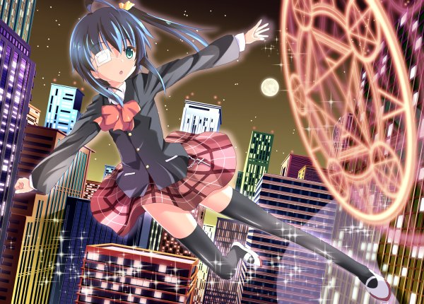 Anime picture 1200x860 with chuunibyou demo koi ga shitai! kyoto animation takanashi rikka francis (ohne) single short hair open mouth blue eyes blue hair ahoge zettai ryouiki one side up city magic plaid skirt girl thighhighs skirt uniform black thighhighs