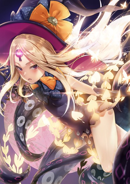 Anime picture 1000x1414 with fate (series) fate/grand order abigail williams (fate) rainmaker single long hair tall image looking at viewer blush fringe open mouth light erotic blonde hair purple eyes dutch angle thighs floating hair covered navel facial mark glowing
