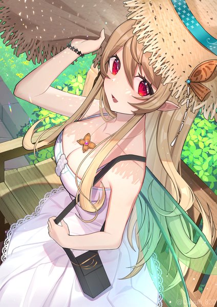 Anime picture 1000x1414 with virtual youtuber nijisanji nijisanji en pomu rainpuff dayuh single long hair tall image looking at viewer fringe breasts light erotic blonde hair hair between eyes red eyes large breasts cleavage outdoors from above pointy ears