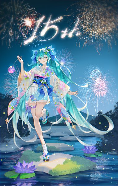 Anime picture 1271x2000 with vocaloid hatsune miku tidsean single tall image looking at viewer fringe open mouth smile standing twintails full body very long hair traditional clothes :d japanese clothes arm up aqua eyes aqua hair night