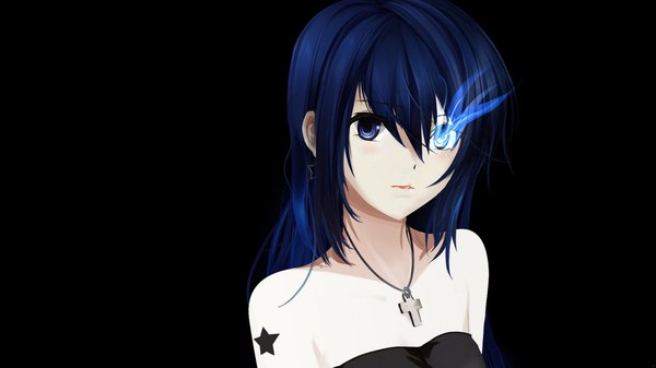 Anime picture 2133x1200 with black rock shooter black rock shooter (character) single long hair looking at viewer blush highres blue eyes wide image bare shoulders blue hair tattoo glowing black background glowing eye (eyes) cross