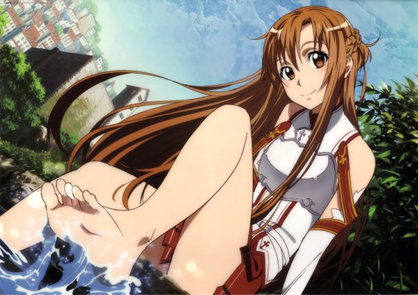 Anime picture 4200x2970 with sword art online a-1 pictures yuuki asuna adachi shingo single long hair looking at viewer highres smile brown hair bare shoulders brown eyes absurdres barefoot scan official art legs girl skirt plant (plants)