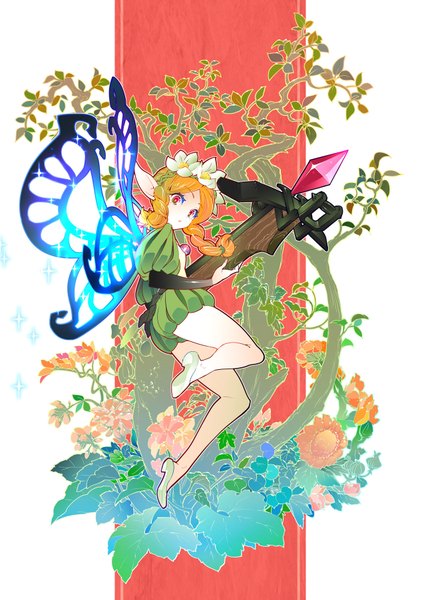 Anime picture 1280x1803 with odin sphere vanillaware mercedes (odin sphere) tomoyuki hino tall image looking at viewer blonde hair red eyes white background braid (braids) hair flower pointy ears twin braids elf insect wings butterfly wings girl dress hair ornament flower (flowers)