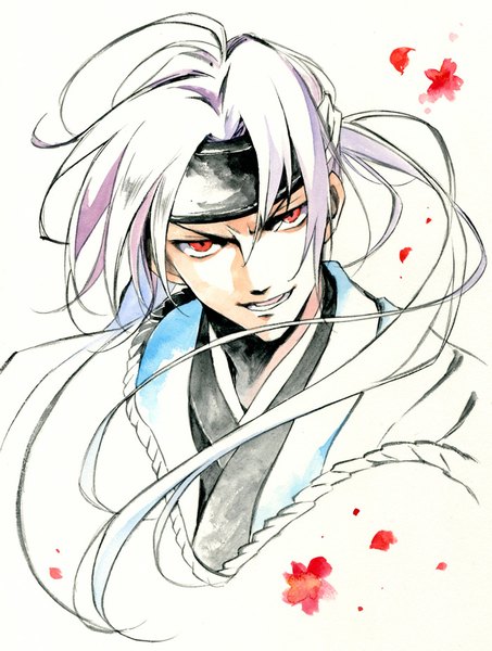 Anime picture 700x927 with hakuouki shinsengumi kitan studio deen hijikata toshizou (hakuouki) agahari single tall image looking at viewer short hair simple background red eyes white background white hair traditional clothes parted lips japanese clothes traditional media watercolor (medium) boy flower (flowers) petals