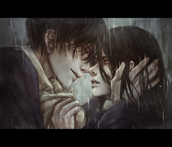 Anime picture 966x828 with original nanfe long hair fringe short hair black hair red eyes signed upper body parted lips profile black eyes multiple boys letterboxed rain eye contact shounen ai hands on another's face boy earrings