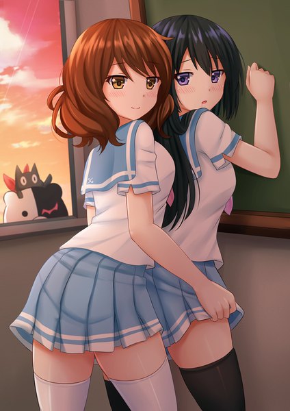 Anime picture 945x1337 with dangan ronpa hibike! euphonium nichijou kyoto animation kousaka reina monokuma oumae kumiko sakamoto (nichijou) kazenokaze long hair tall image blush short hair light erotic black hair brown hair purple eyes multiple girls brown eyes shoujo ai