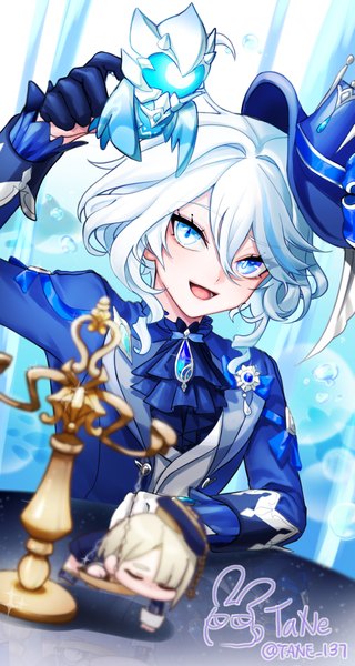 Anime picture 1260x2362 with genshin impact furina (genshin impact) freminet (genshin impact) tane137 tall image looking at viewer fringe short hair open mouth blue eyes hair between eyes signed white hair :d arm up twitter username heterochromia miniboy girl boy