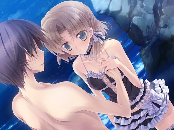 イラスト 1024x768 と なでしこドリップ 小桜 ひな 短い髪 light erotic 黒髪 金髪 緑の目 game cg cleavage couple 女の子 男性