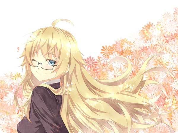 Anime picture 1024x768 with ben-tou david production shaga ayame single long hair blue eyes blonde hair smile ahoge one eye closed wink girl glasses