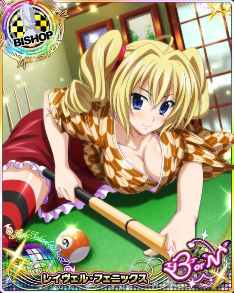 Anime picture 640x800 with highschool dxd ravel phenex single tall image looking at viewer blush short hair breasts blue eyes light erotic blonde hair twintails ahoge traditional clothes japanese clothes inscription drill hair hieroglyph card (medium) yagasuri