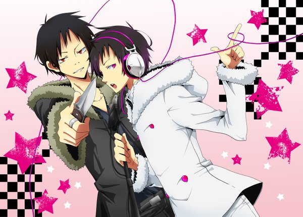 Anime picture 1500x1075 with durarara!! brains base (studio) psychedelic dreams orihara izaya natsu (360c) short hair open mouth black hair red eyes pink eyes checkered boy weapon headphones star (symbol) coat microphone knife microphone stand