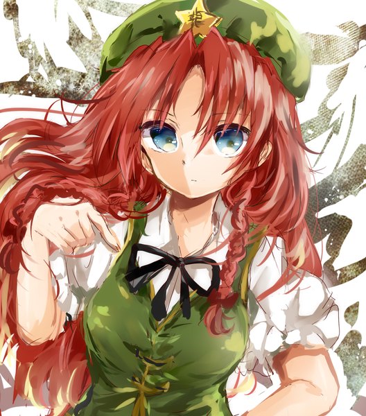 Anime picture 1050x1193 with touhou hong meiling kuromitsu maria single long hair tall image looking at viewer fringe breasts blue eyes red hair braid (braids) puffy sleeves chinese clothes sketch girl ribbon (ribbons) hat