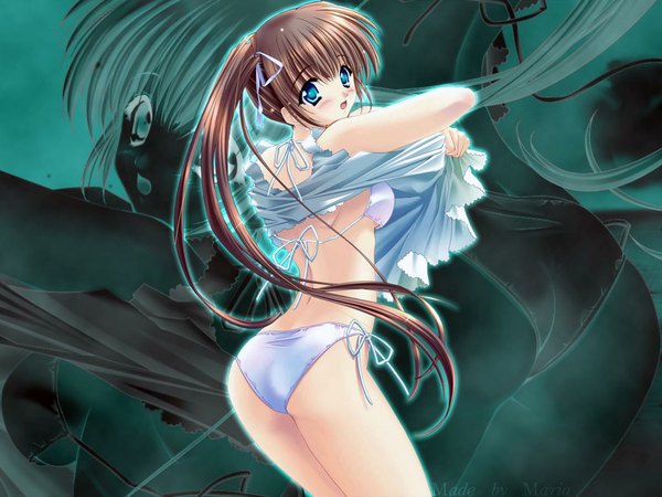 Anime picture 1024x768 with carnelian single long hair looking at viewer blush open mouth light erotic brown hair looking back undressing third-party edit girl swimsuit bikini white bikini