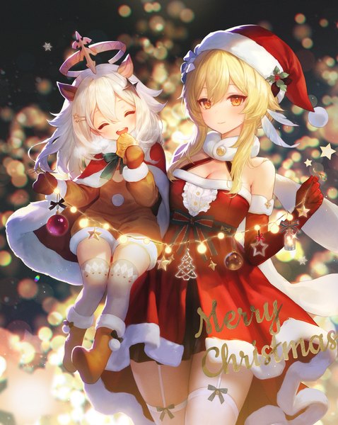 Anime picture 2240x2813 with genshin impact lumine (genshin impact) paimon (genshin impact) adelie cat tall image fringe highres short hair open mouth blonde hair hair between eyes multiple girls yellow eyes cleavage white hair eyes closed horn (horns) christmas ^ ^ ^o^