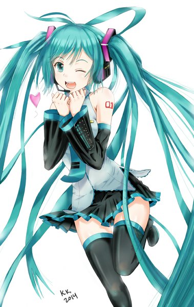 Anime picture 714x1130 with vocaloid hatsune miku raimy329 single tall image open mouth simple background smile white background twintails very long hair pleated skirt one eye closed aqua eyes wink aqua hair tattoo girl thighhighs skirt